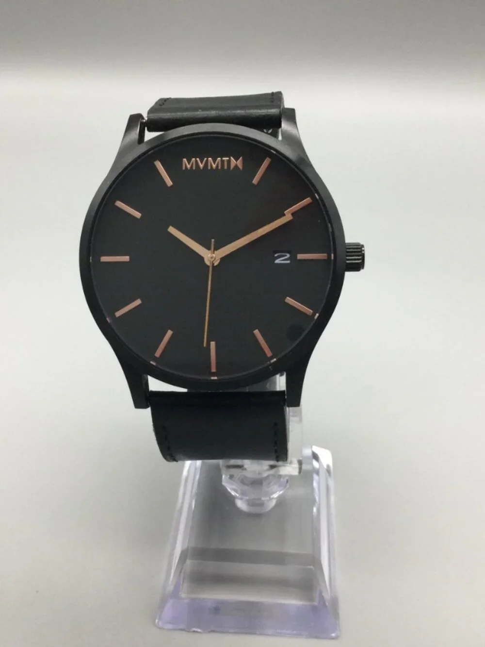 MVMT Black Rose Mens Watch 45mm Black Rose Gold Leather Band New Battery